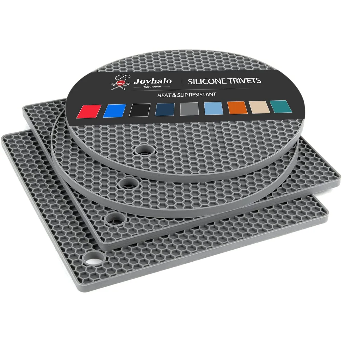 Four new silicone trivets, two round two square, honeycomb texture, 8 inch