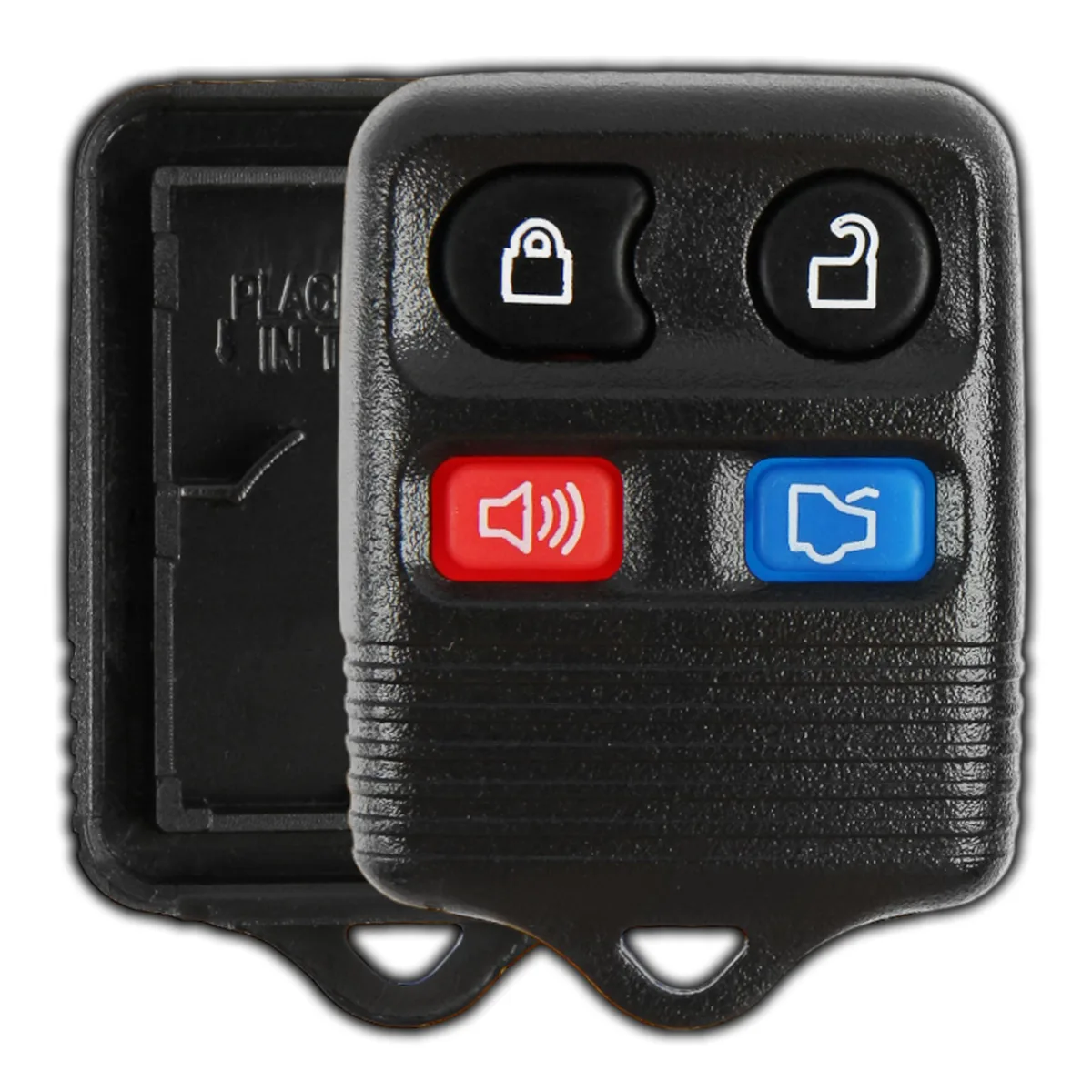 Black plastic key fob shell with four rubber buttons