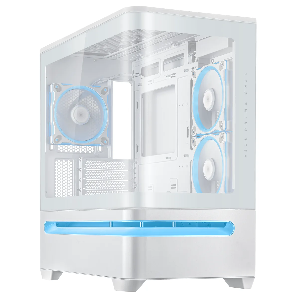 White micro-ATX case with curved tempered glass front and side, three built-in ARGB fans