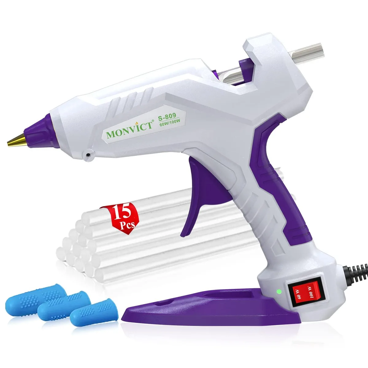 White full-size hot glue gun with detachable base stand, corded electric, dual temperature 60/100W