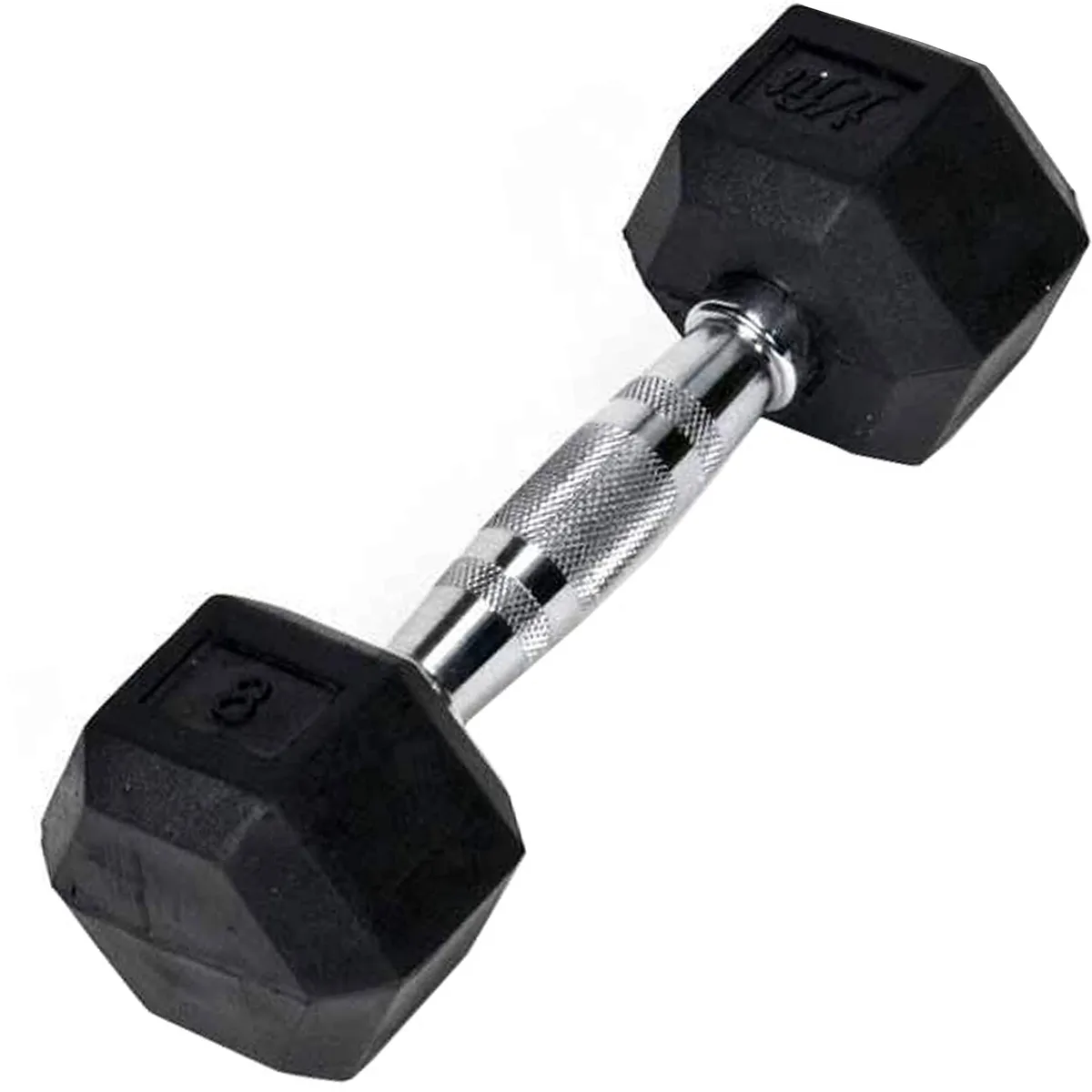 Single black rubber hex dumbbell with knurled chrome handle
