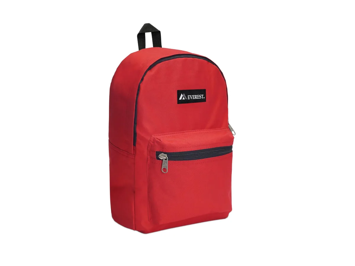 Red medium polyester backpack, rectangular shape, double-zip main compartment, front zip pocket, 11 by 5 by 15 inches