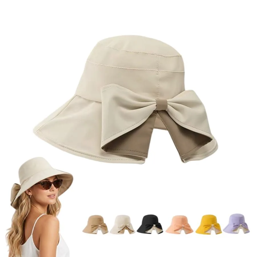  GIRLDREN Bowknot Wide Brim Sun Hat Foldable Beige One Size — product photo