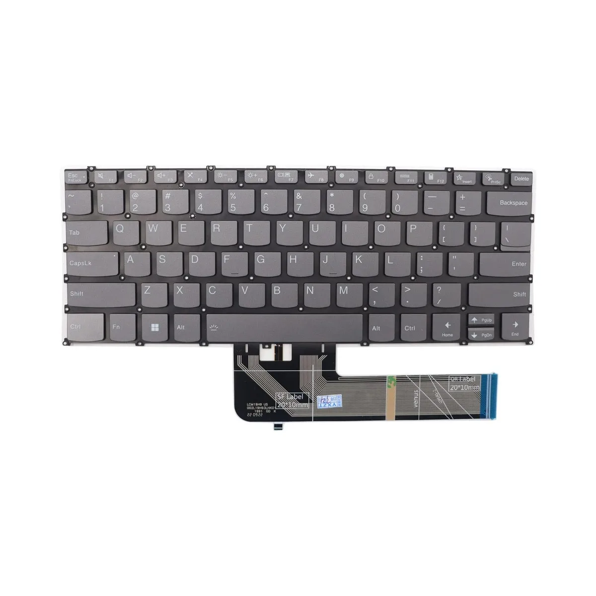 Grey US-layout backlit laptop keyboard, no frame