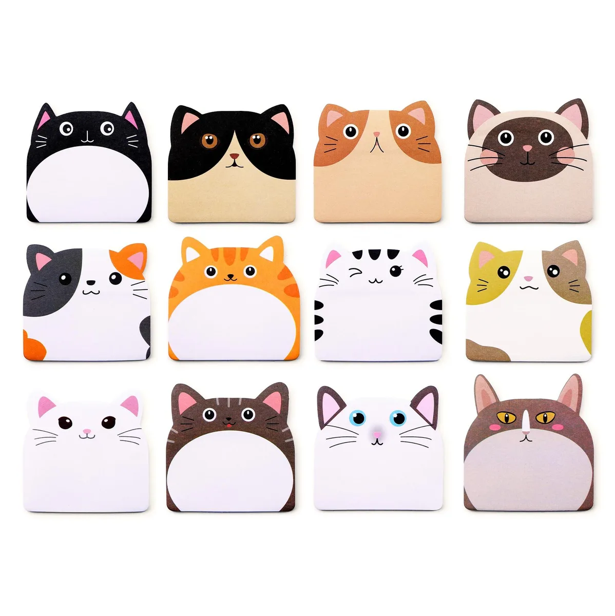 Twelve multicolour cat-shaped sticky-note pads in a pack