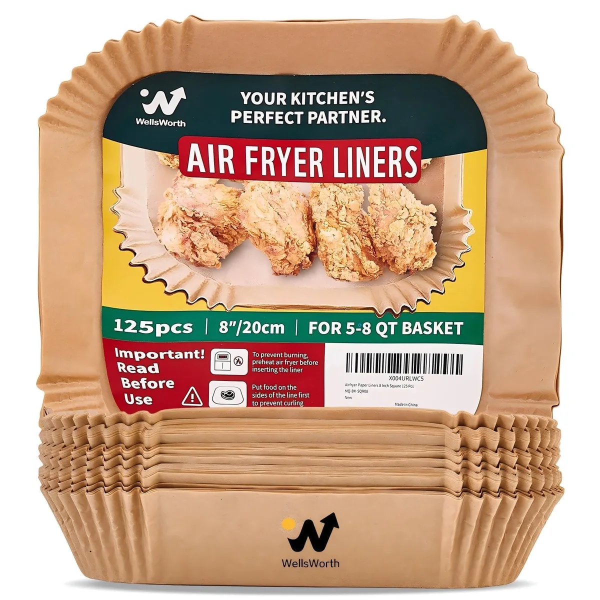 Wellsworth Air Fryer Paper Liners 125 Sheets 8 inch Square — product photo