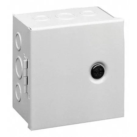 Gray powder-coated carbon steel electrical enclosure 12 inches high 4 inches deep with quarter-turn latch