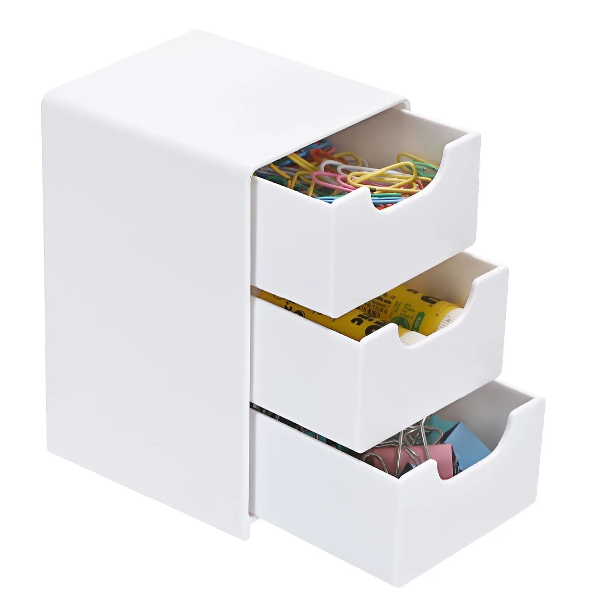 White three-drawer acrylic organiser, polished chrome finish, 3.15x3.54x5.12 in