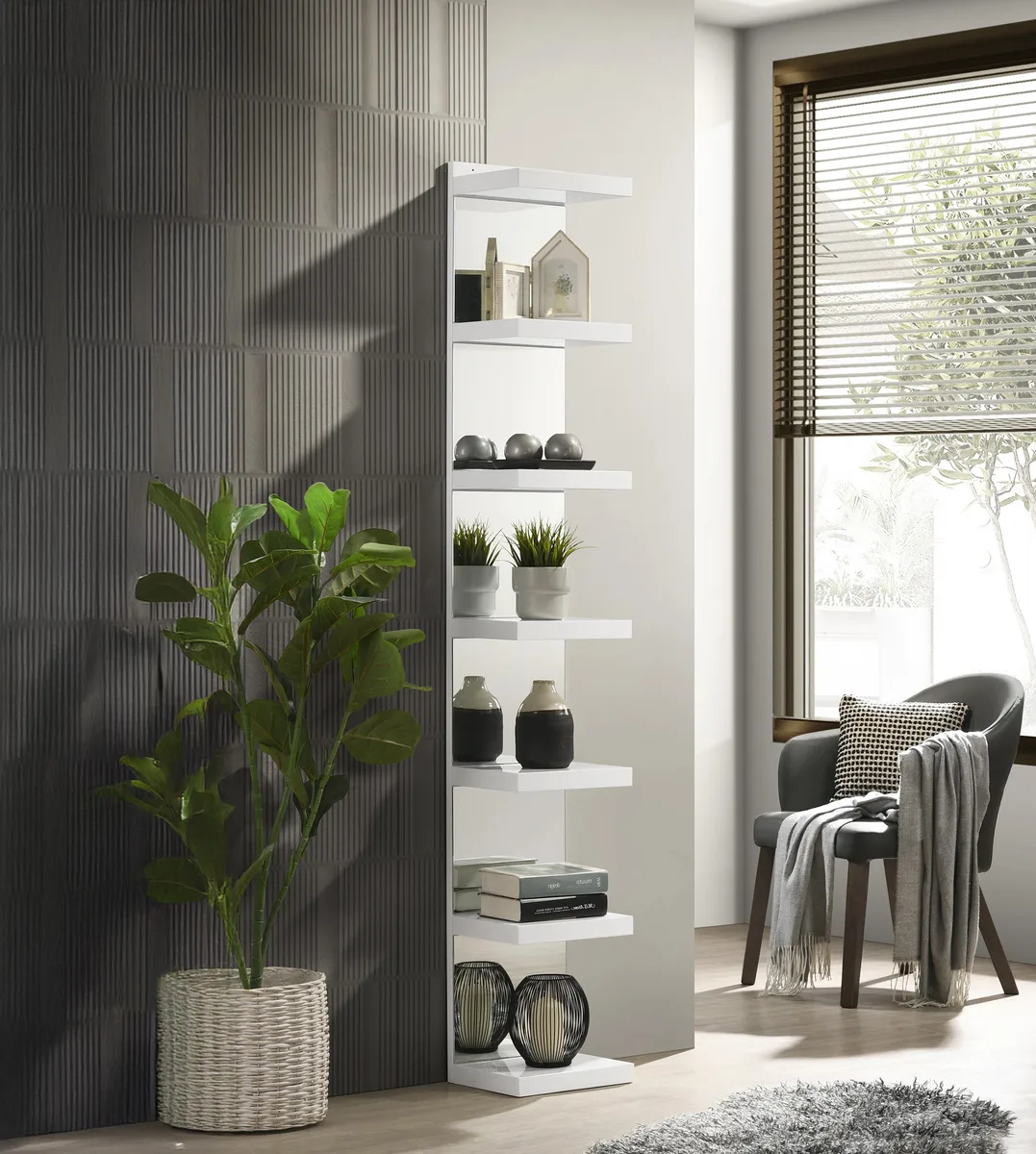 tuphen tuphen Glam White Bookshelf Mirrored Back 7 Shelves MDF Glass — product photo