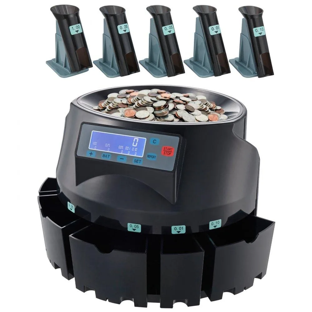 Rectangular coin sorter with LCD display and five bins, grey finish