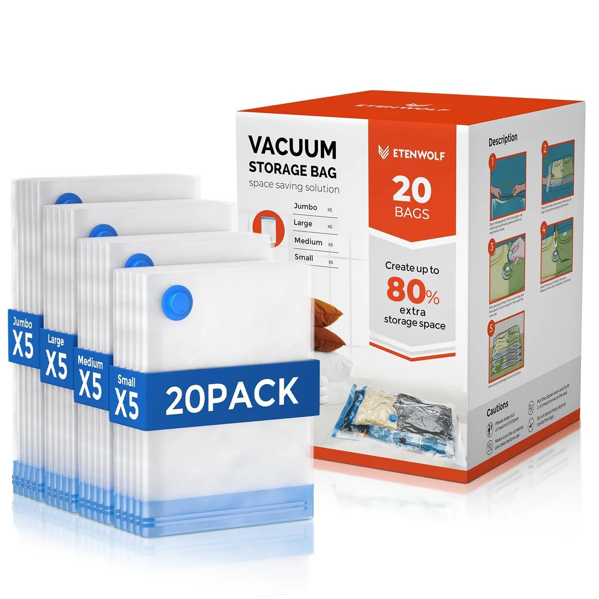 Twenty transparent vacuum storage bags in four sizes, flat stacked with zipper seals and valve clips