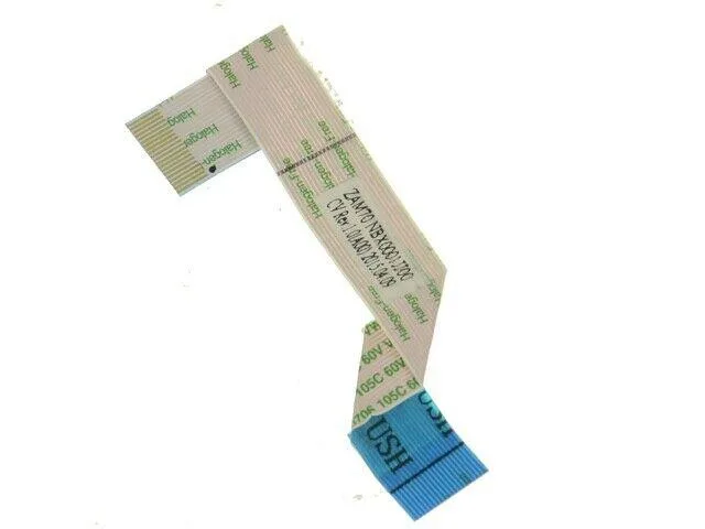 Flat beige ribbon cable with folded ends and printed label