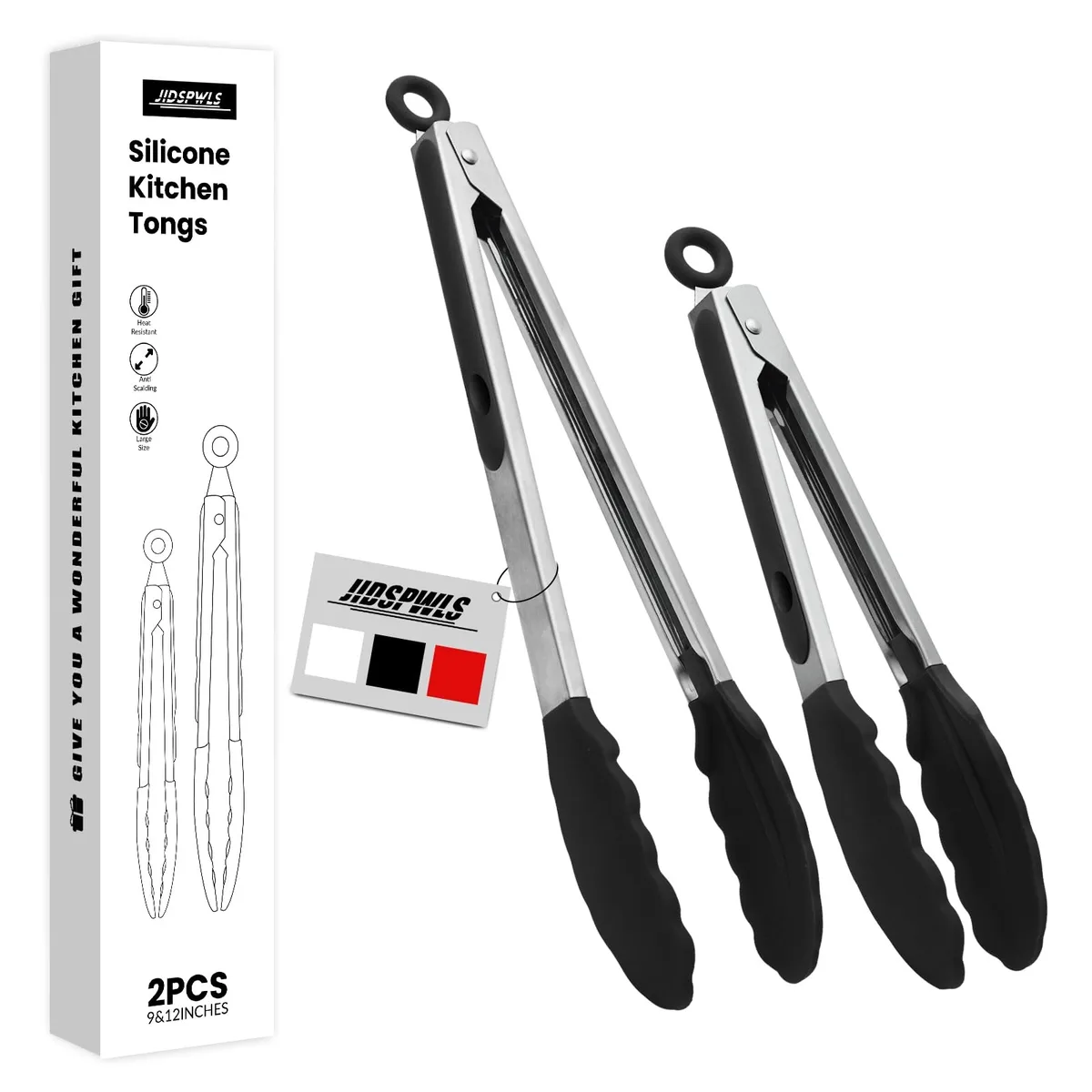 Two black stainless steel kitchen tongs with silicone tips and handles, lengths 9 and 12 inches