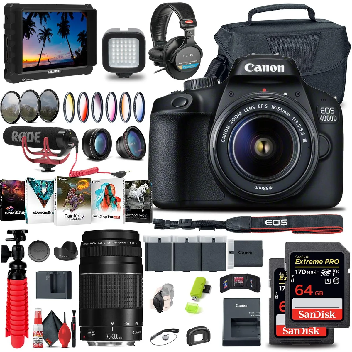 Canon Canon EOS 4000D DSLR Camera with 18-55mm + EF 75-300mm + Video Bundle — product photo