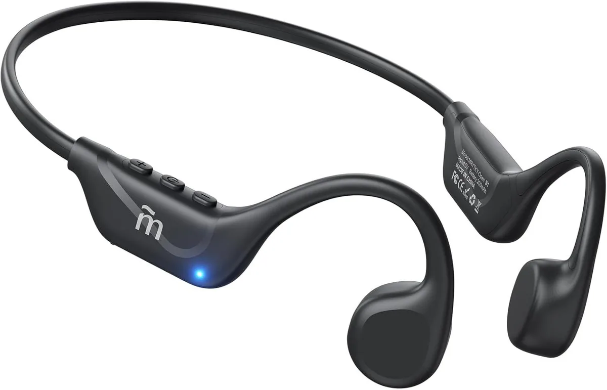 Black open-ear bone conduction headset with wraparound titanium frame and built-in microphone