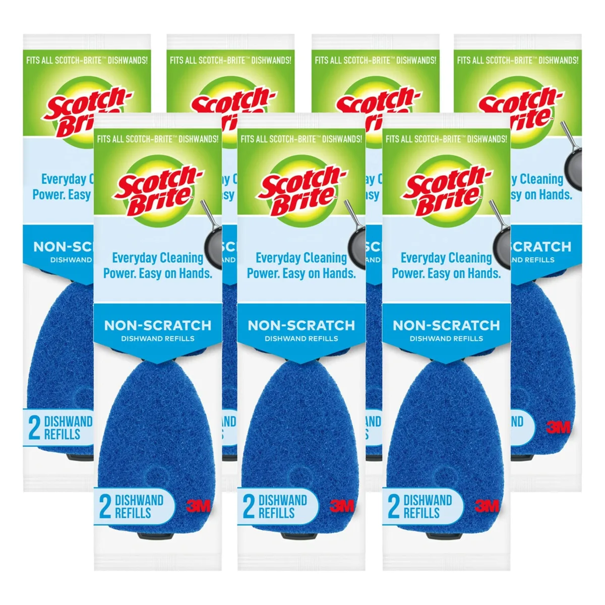 Cardboard box holding fourteen white non-scratch scrub pads with green handles