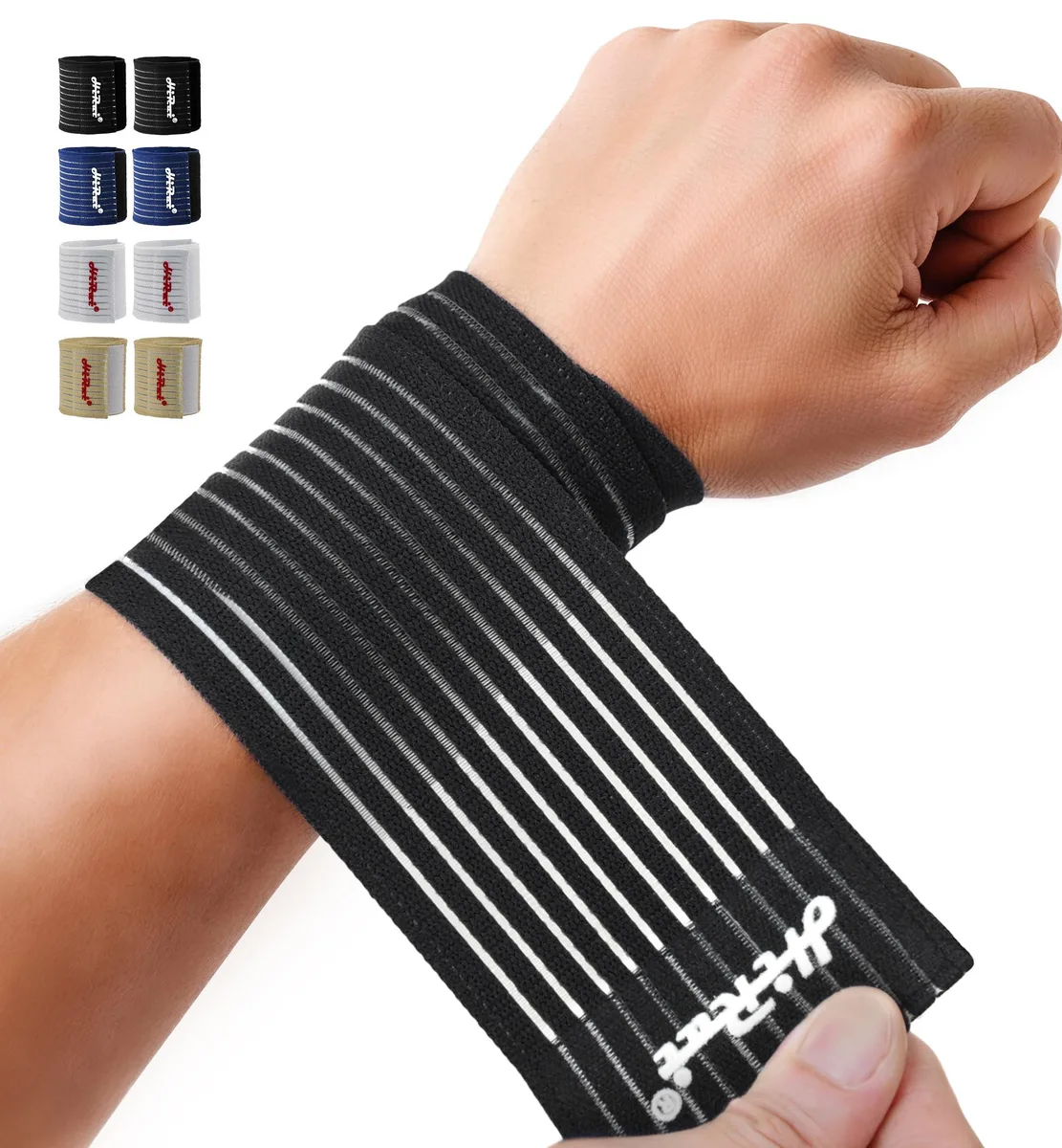 Two black elastic wrist wraps with thumb loops, soft fabric finish