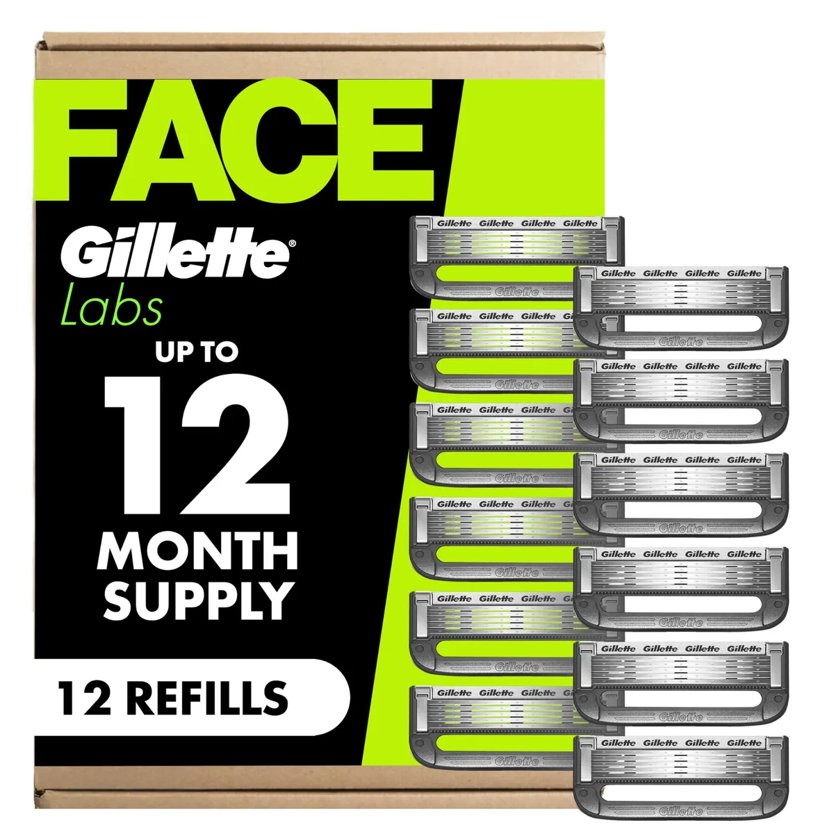 Cardboard box containing twelve five-blade razor refill cartridges with lubrication strips