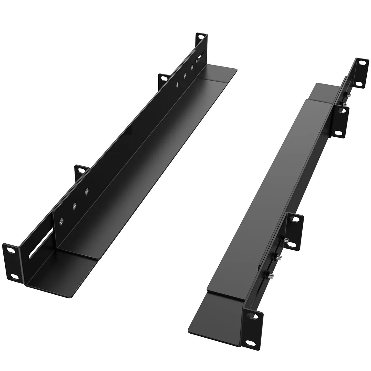 Pair of black steel 1U rack rails adjustable 15 to 24 inches depth