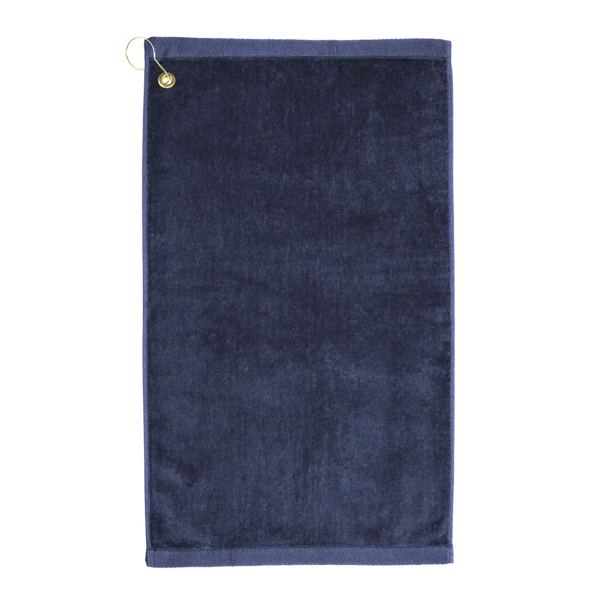 Navy velour golf towel, 16 by 26 inches, corner hook and grommet, dobby hem finish