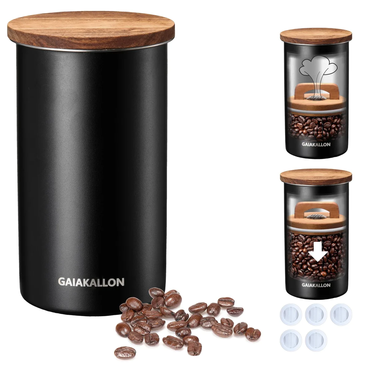  GAIAKALLON Coffee Canister NB 34 fl oz Black Stainless Steel — product photo