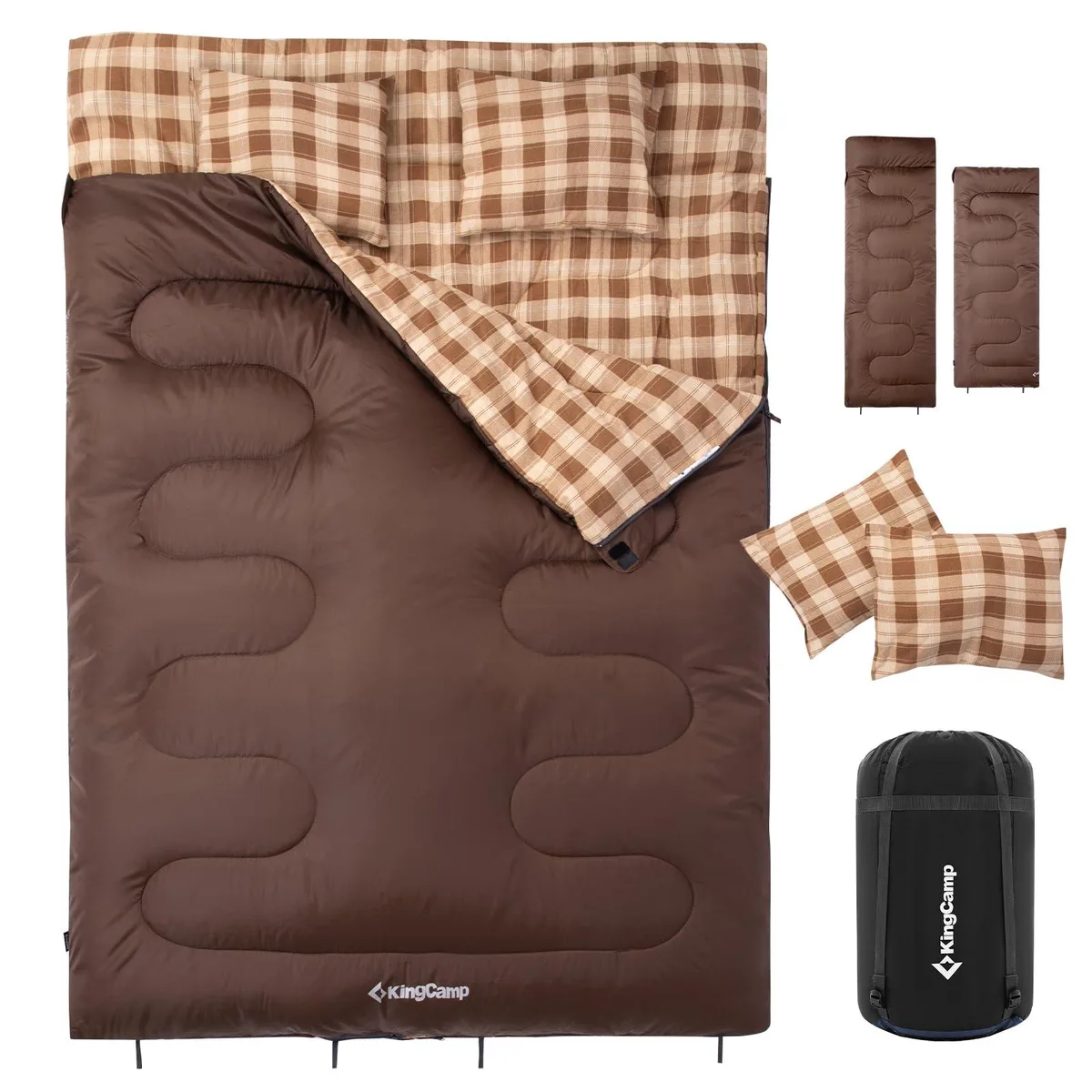 Rectangular double sleeping bag in coffee beige with zipper closure and two pillows