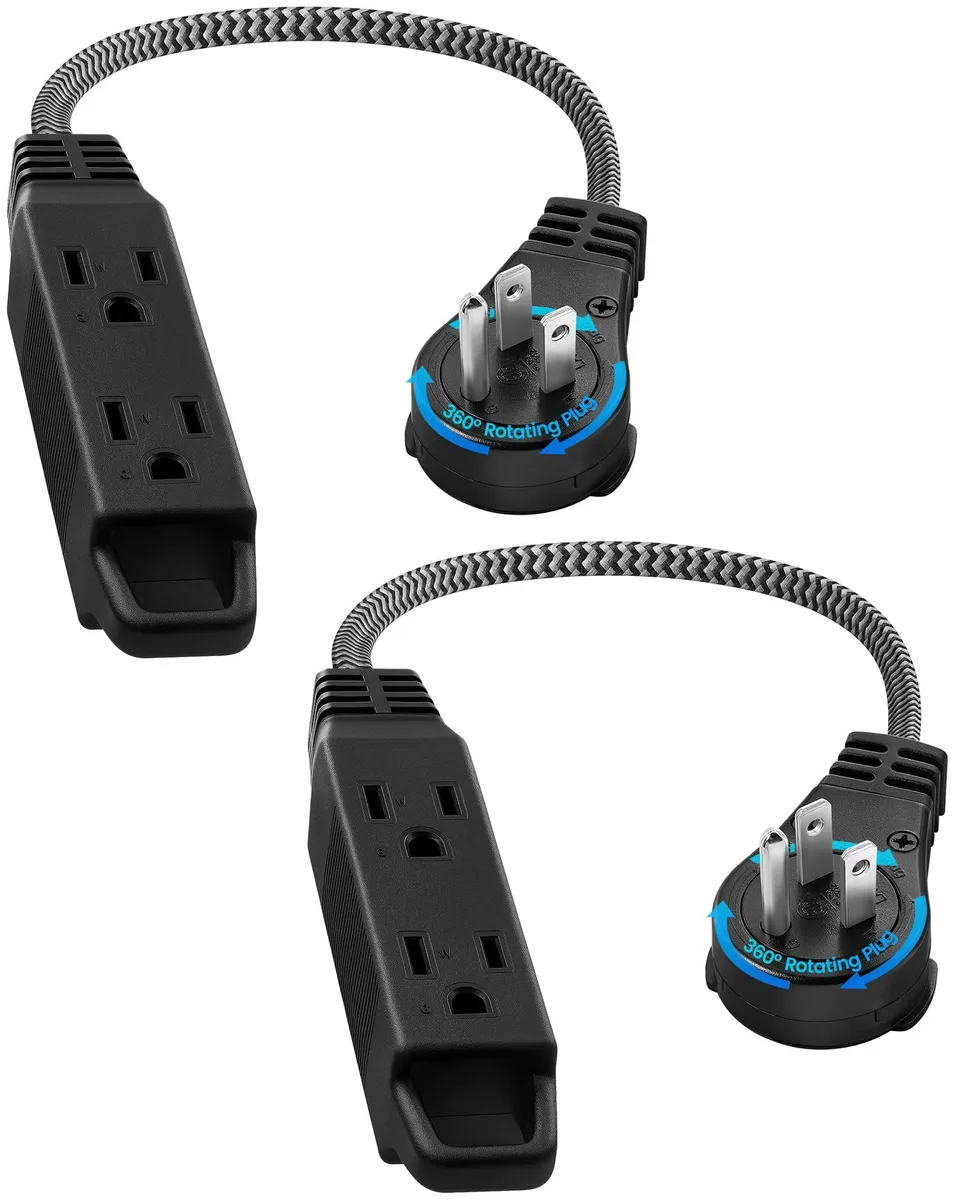  360° Rotating Flat Plug Extension Cord 1FT 3 Outlets 13A 125V 1625W 16/3C SPT Braided Black 2 Pack — product photo