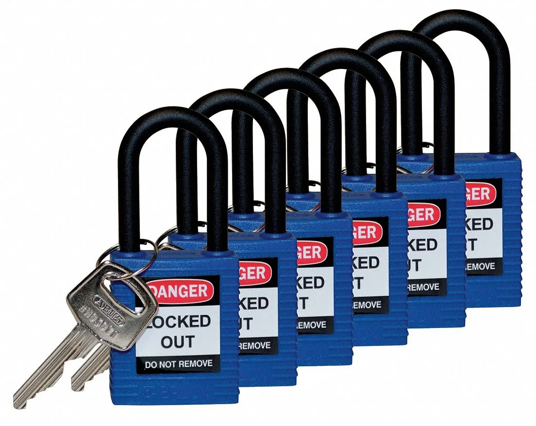 Blue rectangular thermoplastic padlock with plastic shackle and danger lockout labels