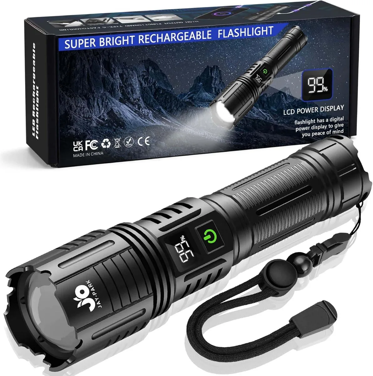 Black cylindrical flashlight with zoomable head, LCD power display and USB-C port