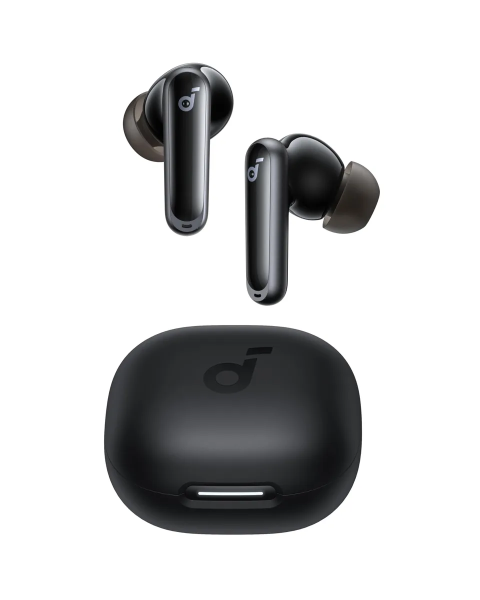Black wireless earbuds in charging case with phone stand