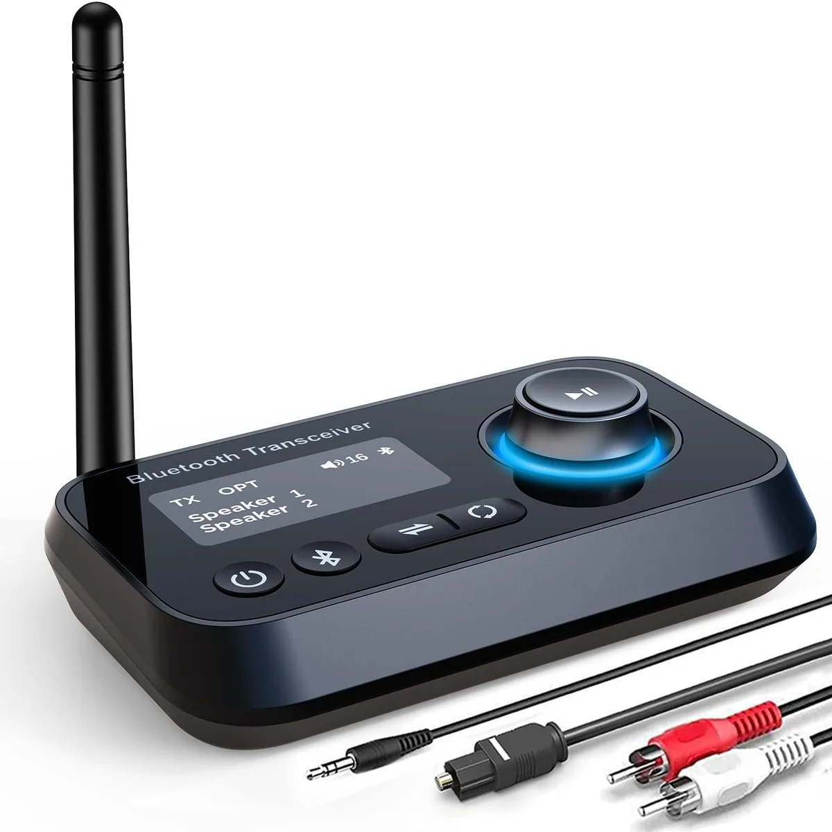 Compact black Bluetooth 5.0 adapter with 1.8 inch LCD display and optical AUX ports