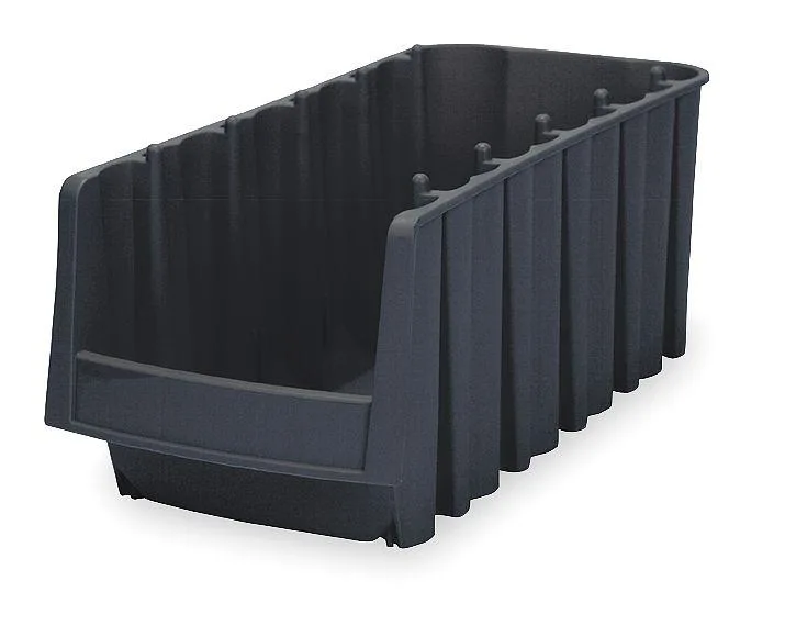 Black plastic storage bin with open top and integrated hang slots, 17 7/8 in long by 8 3/8 in wide by 7 in high