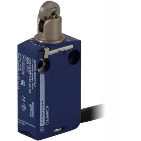 Compact limit switch with top-mounted roller plunger, grey miniature body