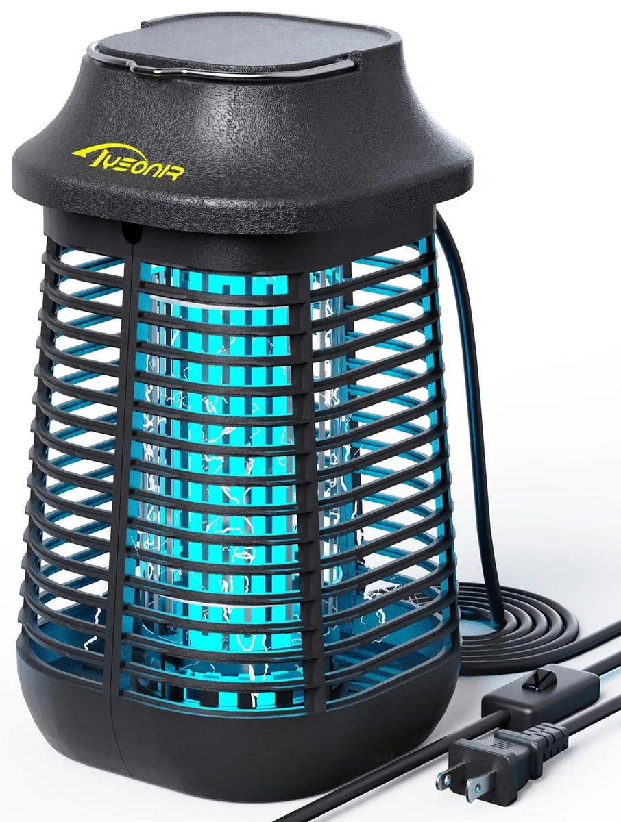 White rectangular bug zapper with UV lamp and protective grid, hanging hook and long power cord