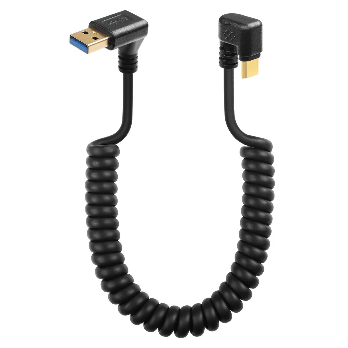 Coiled U-shape USB-C spring cable, gold connectors, stretches from .4 to 1m
