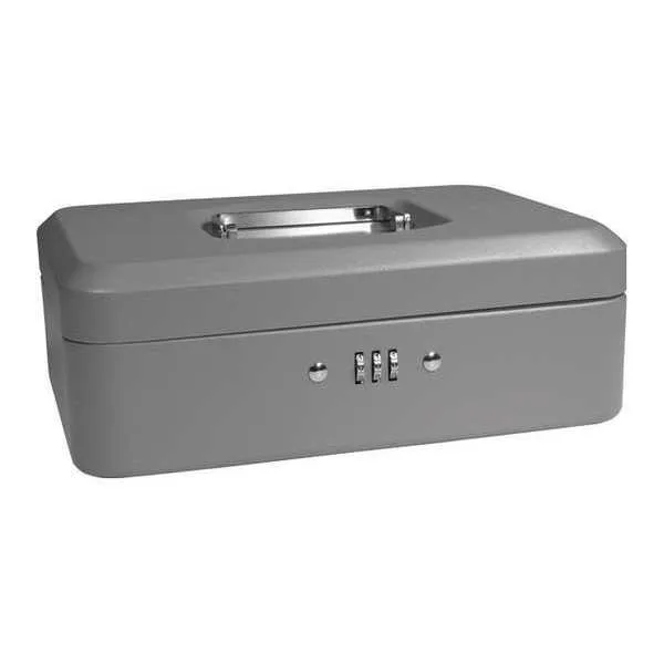 Gray steel cash box with combination lock and removable tray