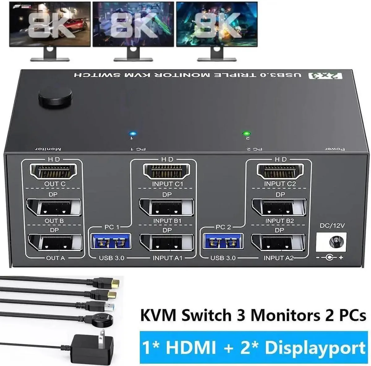 Vszerda Vszerda KVM Switch 3 Monitors 2 Computers 8K@60Hz 4K@144Hz HDMI+2 DisplayPort 4 USB 3.0 Wired Remote — product photo