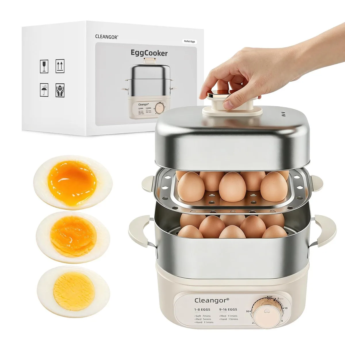 CLEANGOR Egg Steamer 16 Med / 12 Large 304 SS + PP 350W 30Min Timer Auto Shut Off — product photo
