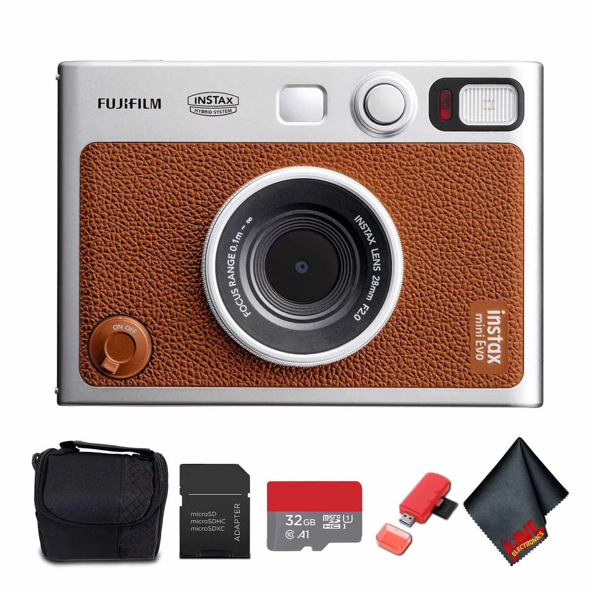 FUJIFILM FUJIFILM Instax Mini EVO Hybrid Instant Camera Brown 32GB bundle — product photo