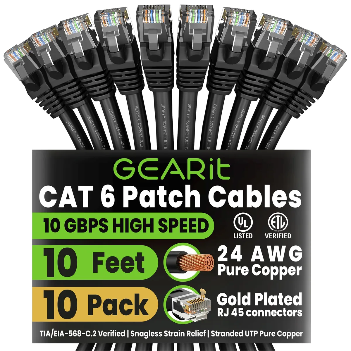 Ten black Cat6 patch cables coiled together, each with snagless gold RJ45 plugs