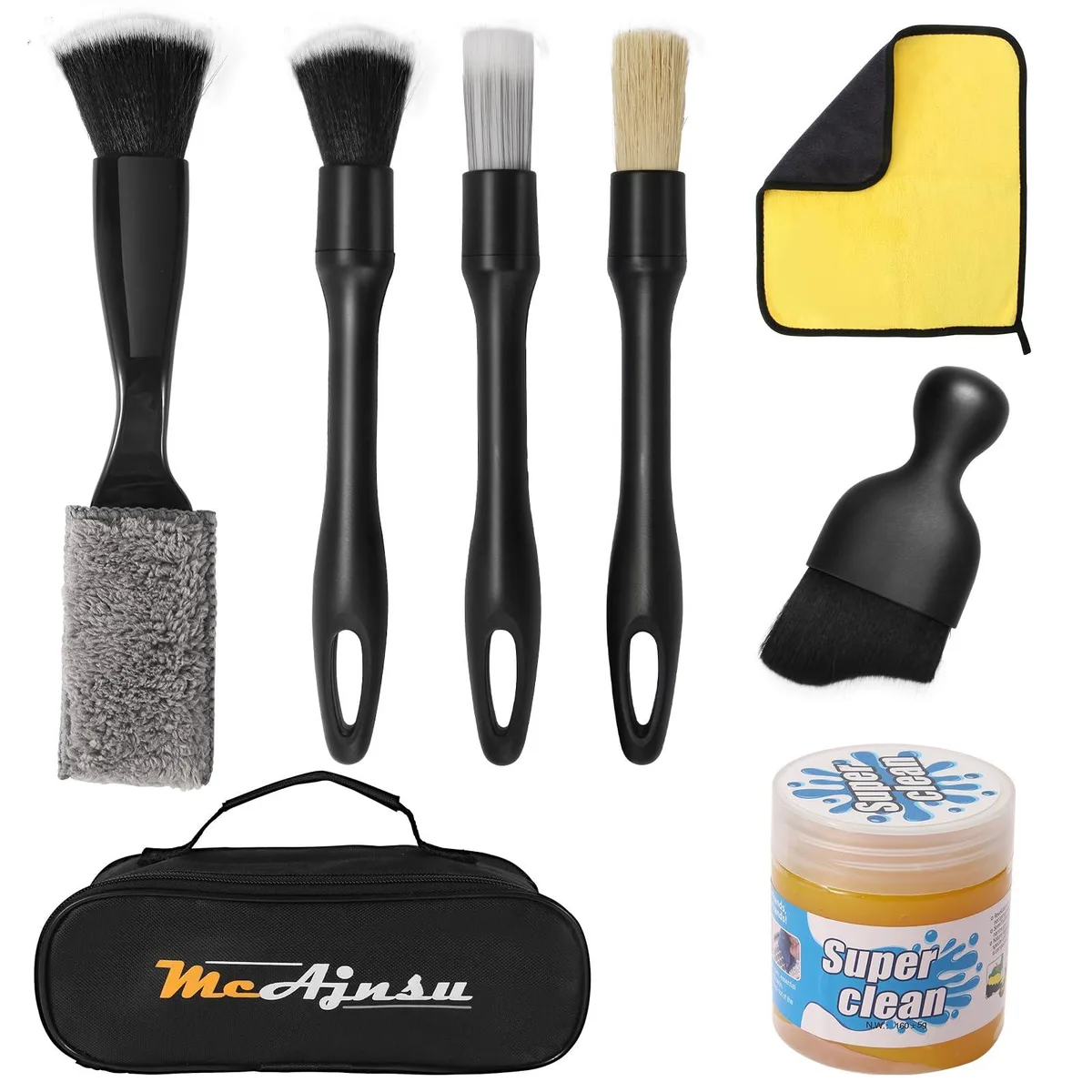 Eight-piece car interior kit with gel jar brushes towel bag