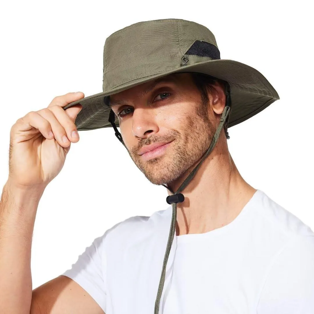 Black wide-brim bucket hat with side mesh vents and adjustable drawstring