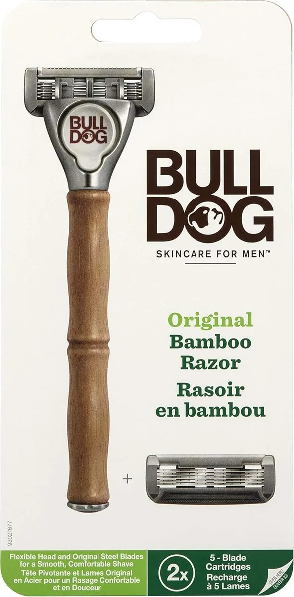 Bamboo-handled razor with metal head and five blades