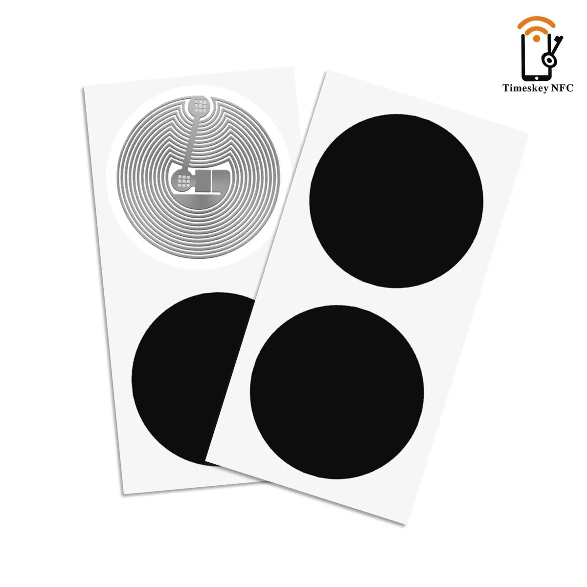 Ten black circular NFC stickers 25mm diameter on a sheet