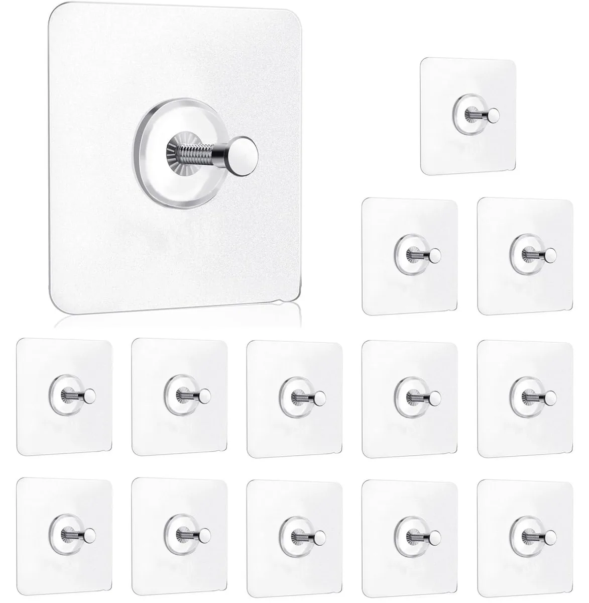 Fourteen adhesive wall hooks in stainless steel with clear gel backing, square 2.36 inch form factor