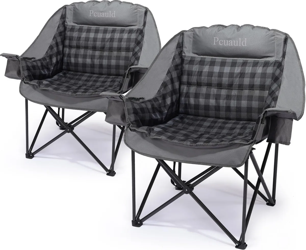 Two camouflage padded folding camp chairs with steel frames, cup holders, and carry bag