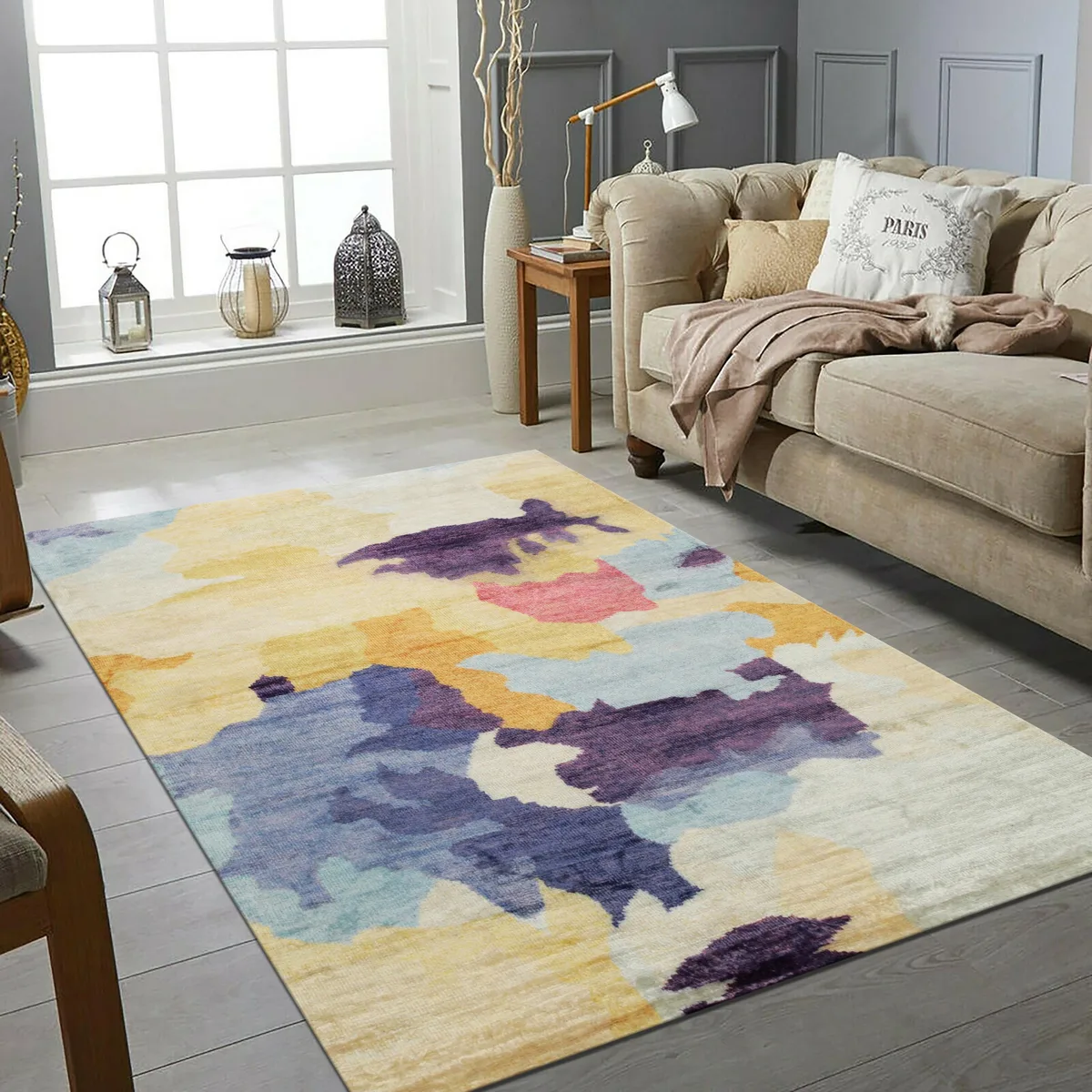 Hand-knotted bamboo silk and wool rug, multi-coloured transitional design, low pile