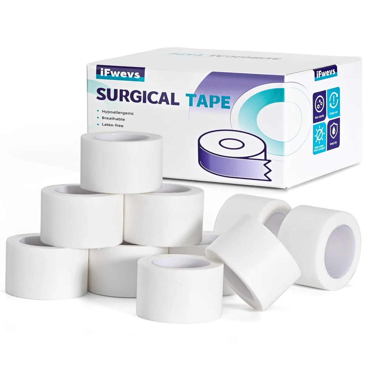 Ten white paper medical tape rolls on a surface