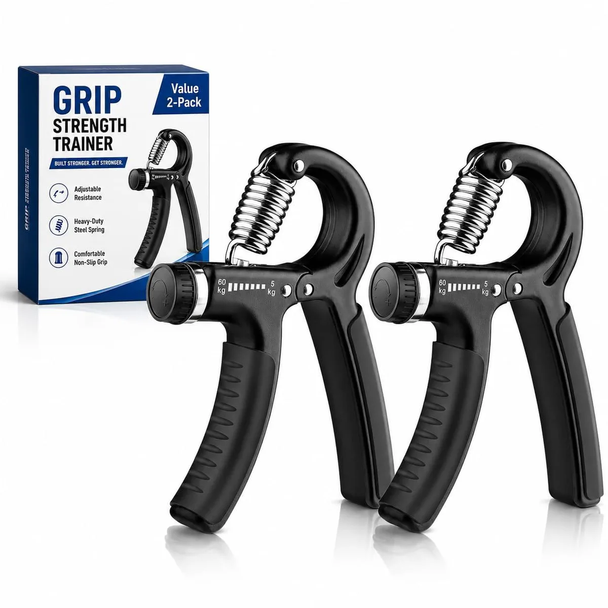 Pair of black adjustable hand grippers with textured handles and tension knobs