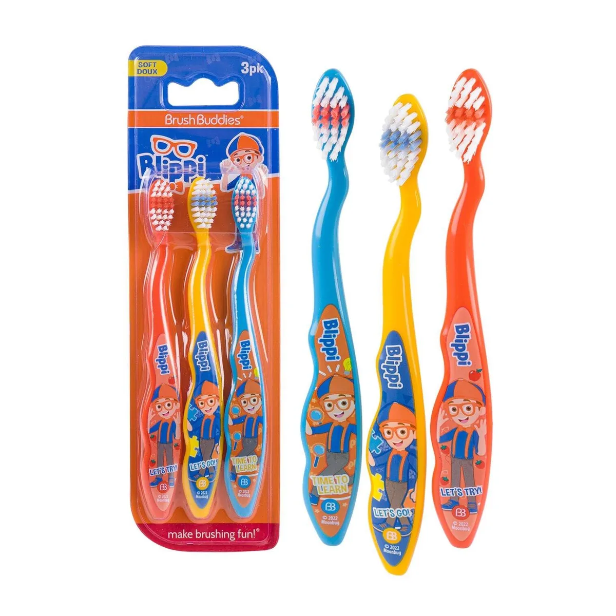 Three manual toothbrushes with Blippi characters, soft bristles, easy-grip handles in blue yellow orange